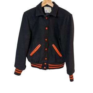 Vtg 60s Wool Letterman Jacket Black Orange Pep Club Varsity Cropped Preppy